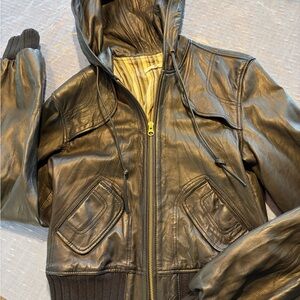 Midnight Blue Leather Hooded Bomber Jacket